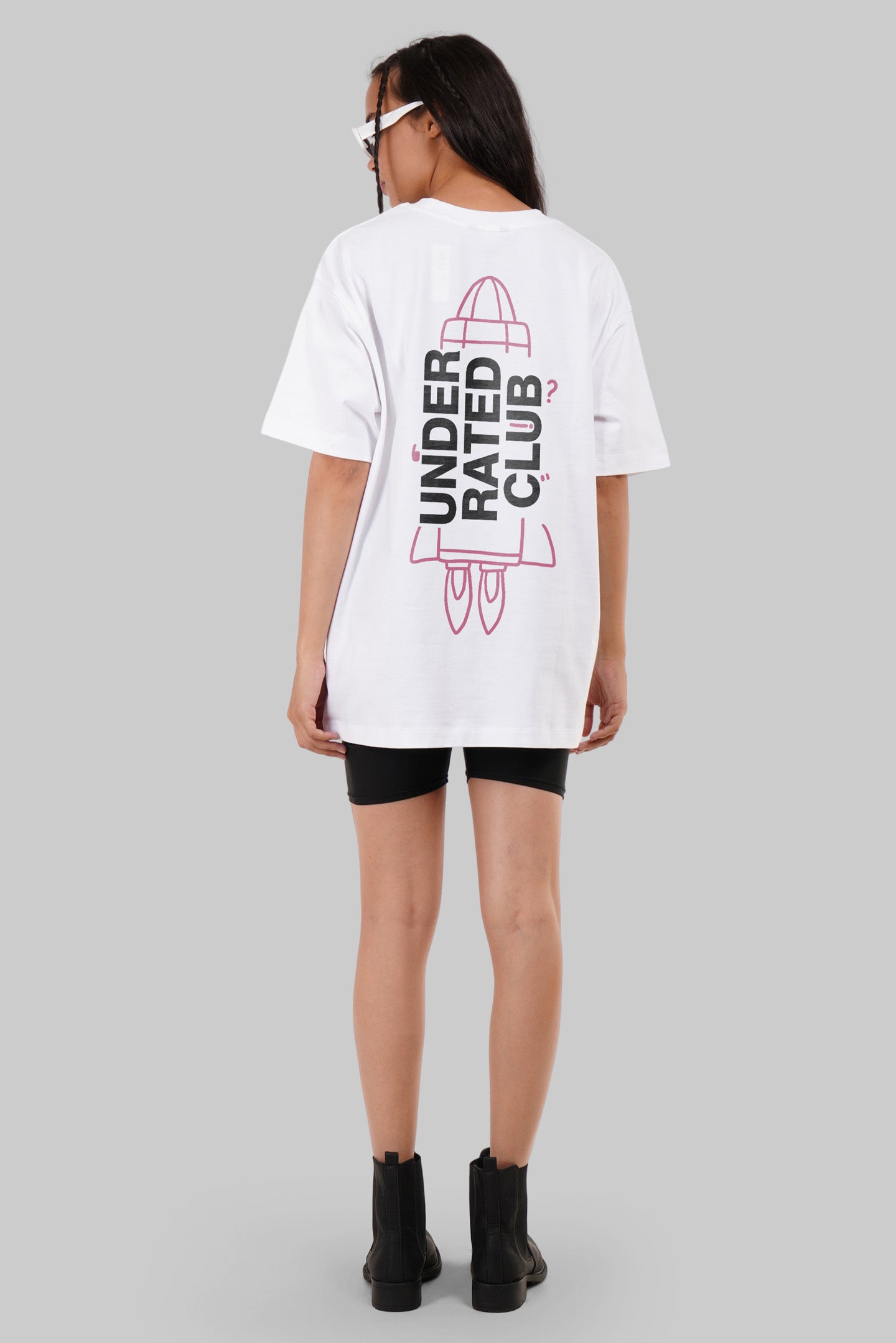To The Moon Rocket White Oversized Fit T-Shirt Women