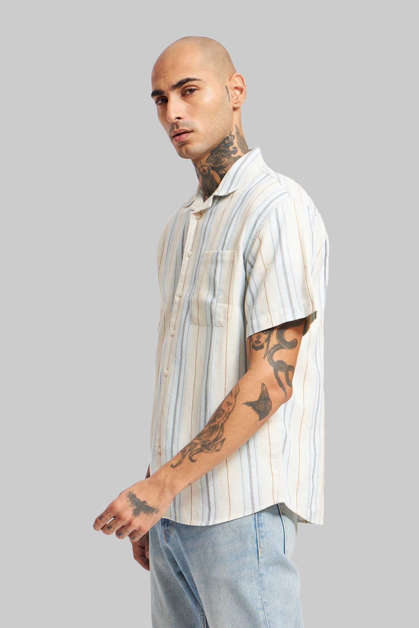Blue Striped Textured Cuban Collar Shirt