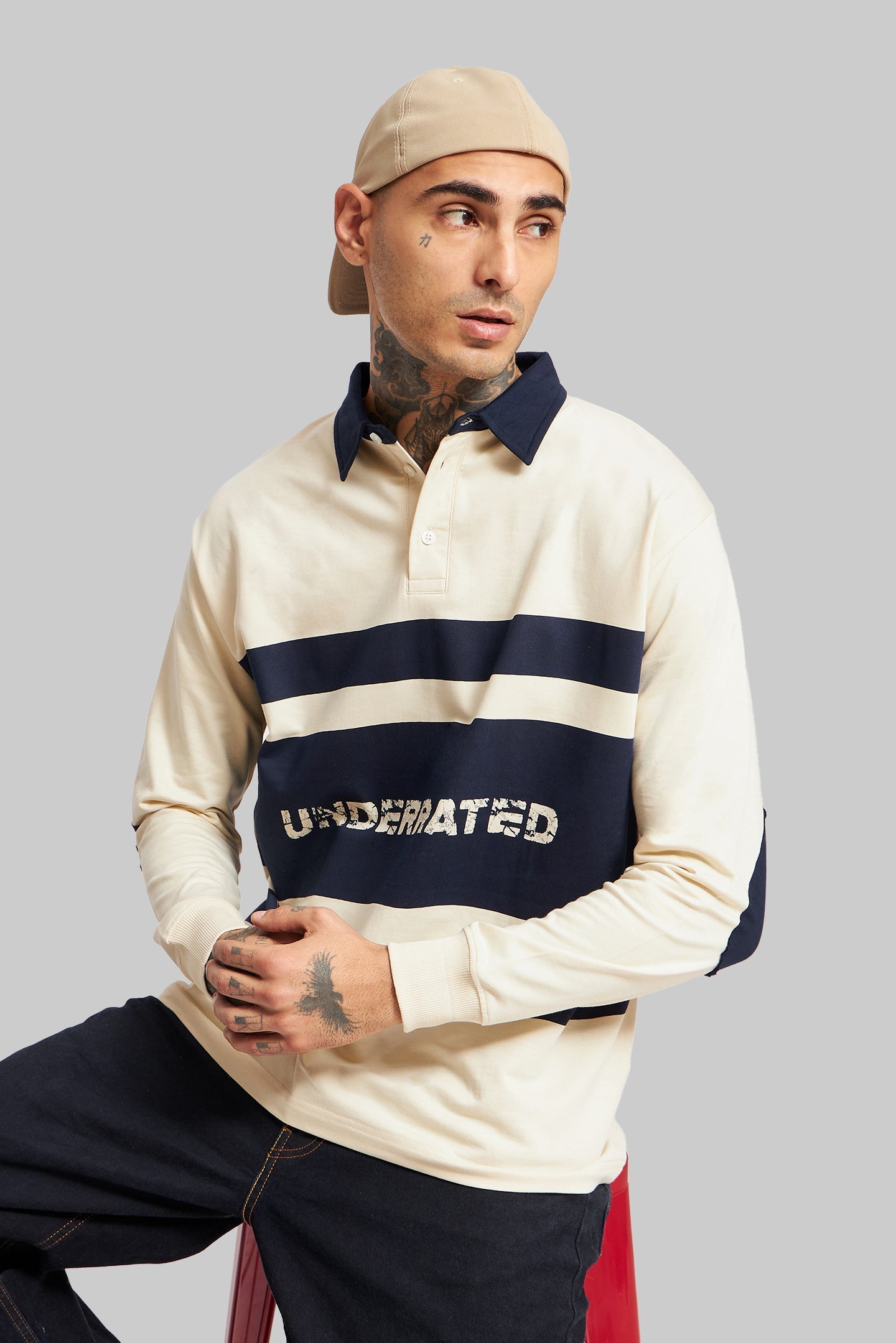 White and Navy Printed Polo