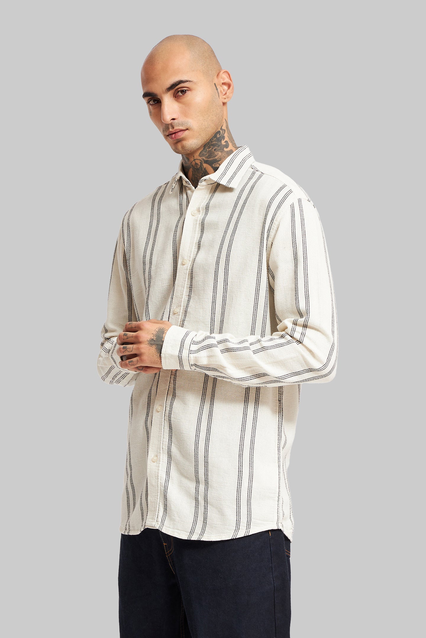 Off White Striped Textured Shirt