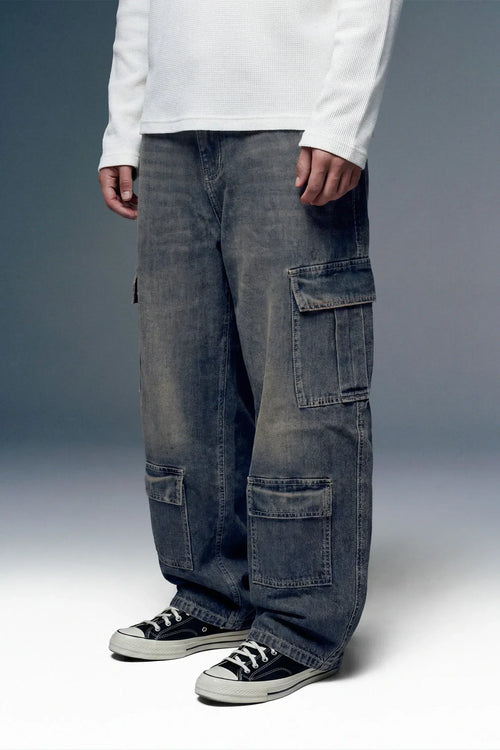 Rusty Blue 8-Pocket Baggy Cargo Jeans for Men