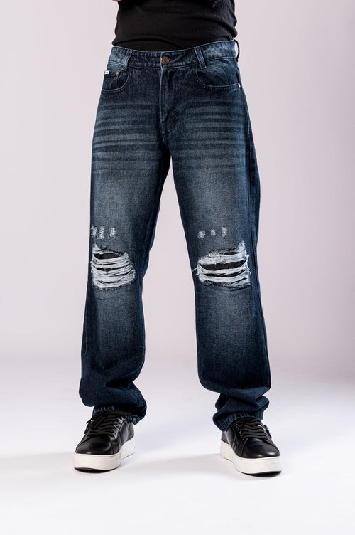 Deep Blue Distressed Men's Relaxed Jeans