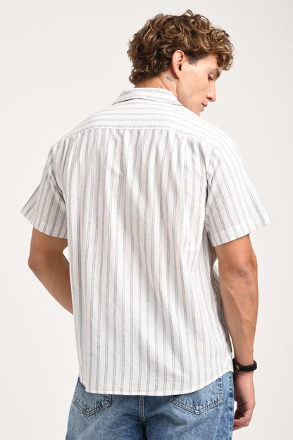 White Striped Cuban Collar Shirt