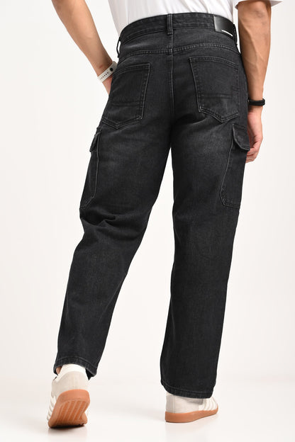 Black 6-Pocket Cargo Jeans For Men - Mid Rise Relaxed Fit