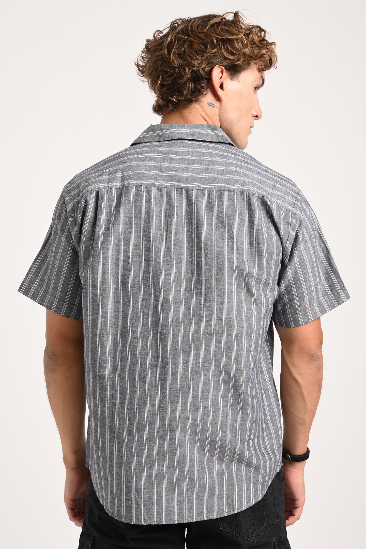 Grey Striped Cuban Collar Shirt