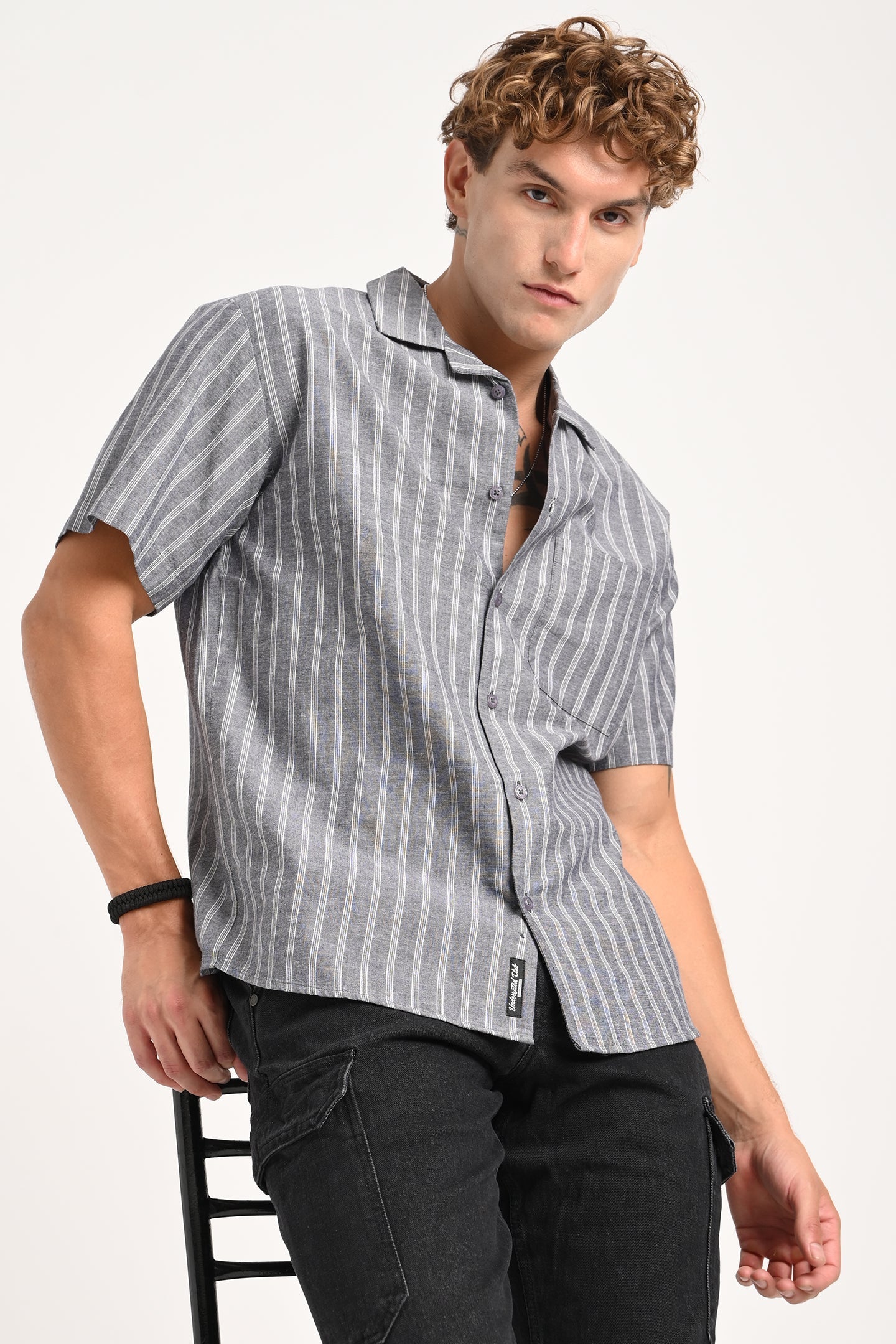 Grey Striped Cuban Collar Shirt