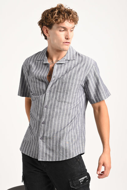 Grey Striped Cuban Collar Shirt