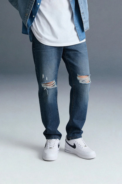 Dark Blue Mid Rise Distressed Men's Relaxed Jeans