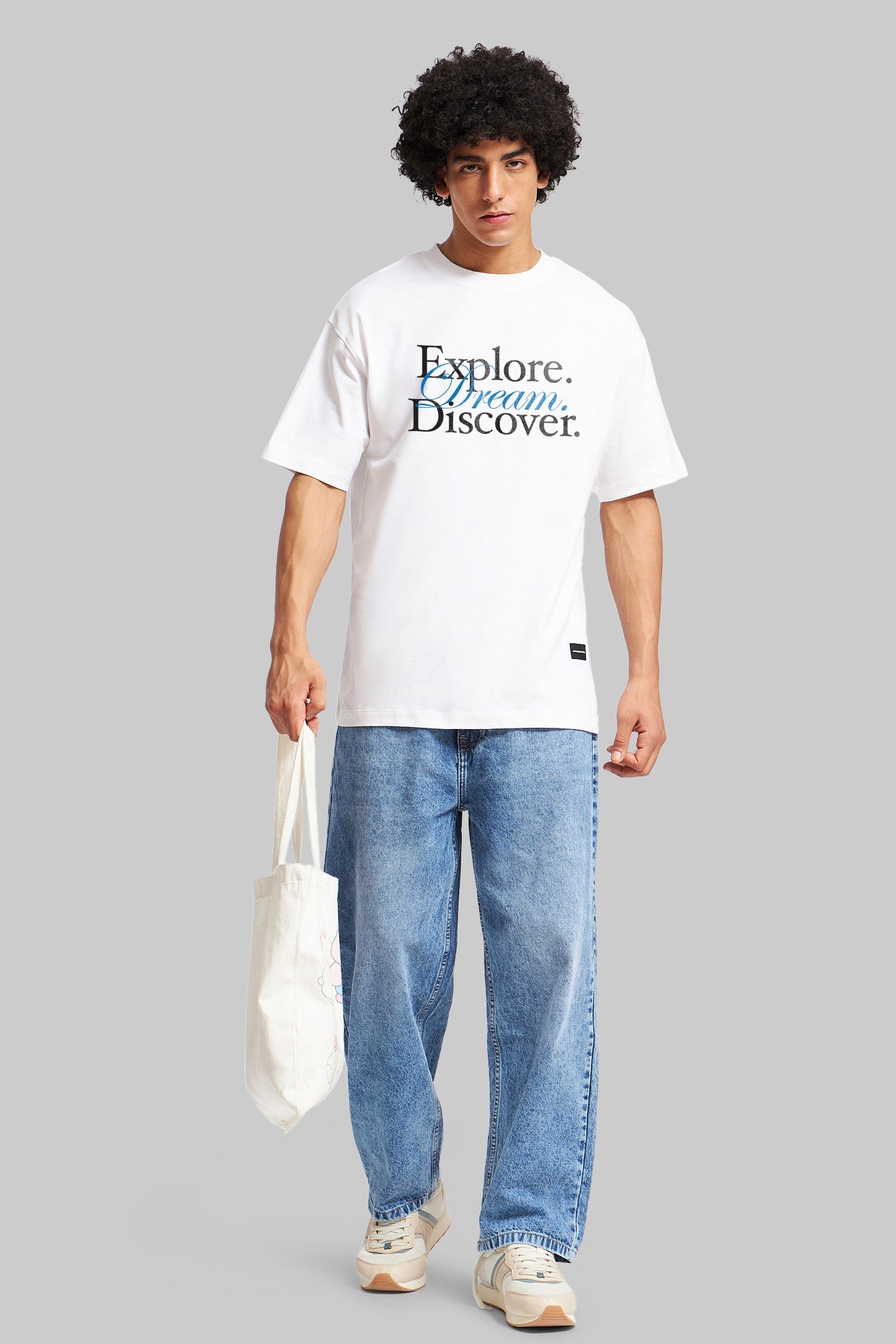 Explore Dream Discover White Oversized Fit T-Shirt Men