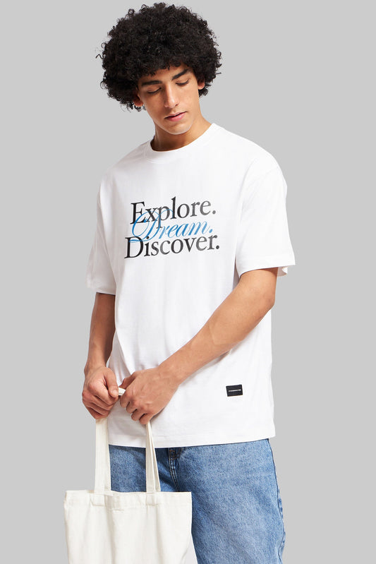 Explore Dream Discover White Oversized Fit T-Shirt Men