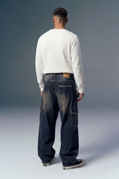 Rusty Blue 8-Pocket Baggy Cargo Jeans for Men
