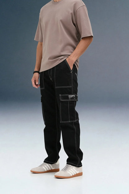 Black 6-Pocket Cargo Jeans for Men - Mid Rise Regular Fit