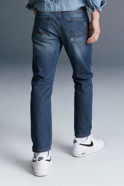 Dark Blue Mid Rise Distressed Men's Relaxed Jeans