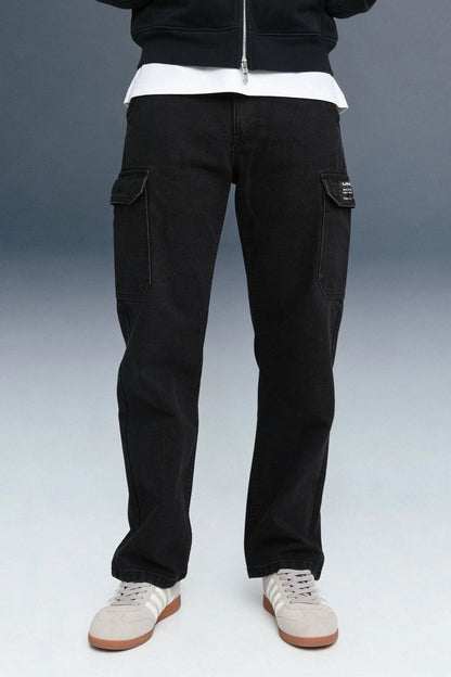 Jet Black 6-Pocket Cargo Jeans For Men - Mid Rise Relaxed Fit