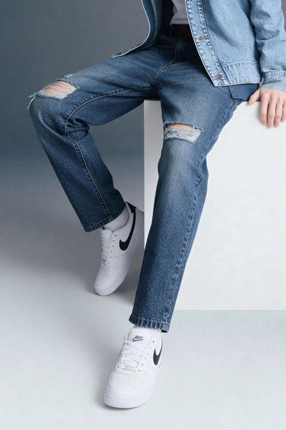 Dark Blue Mid Rise Distressed Men's Relaxed Jeans