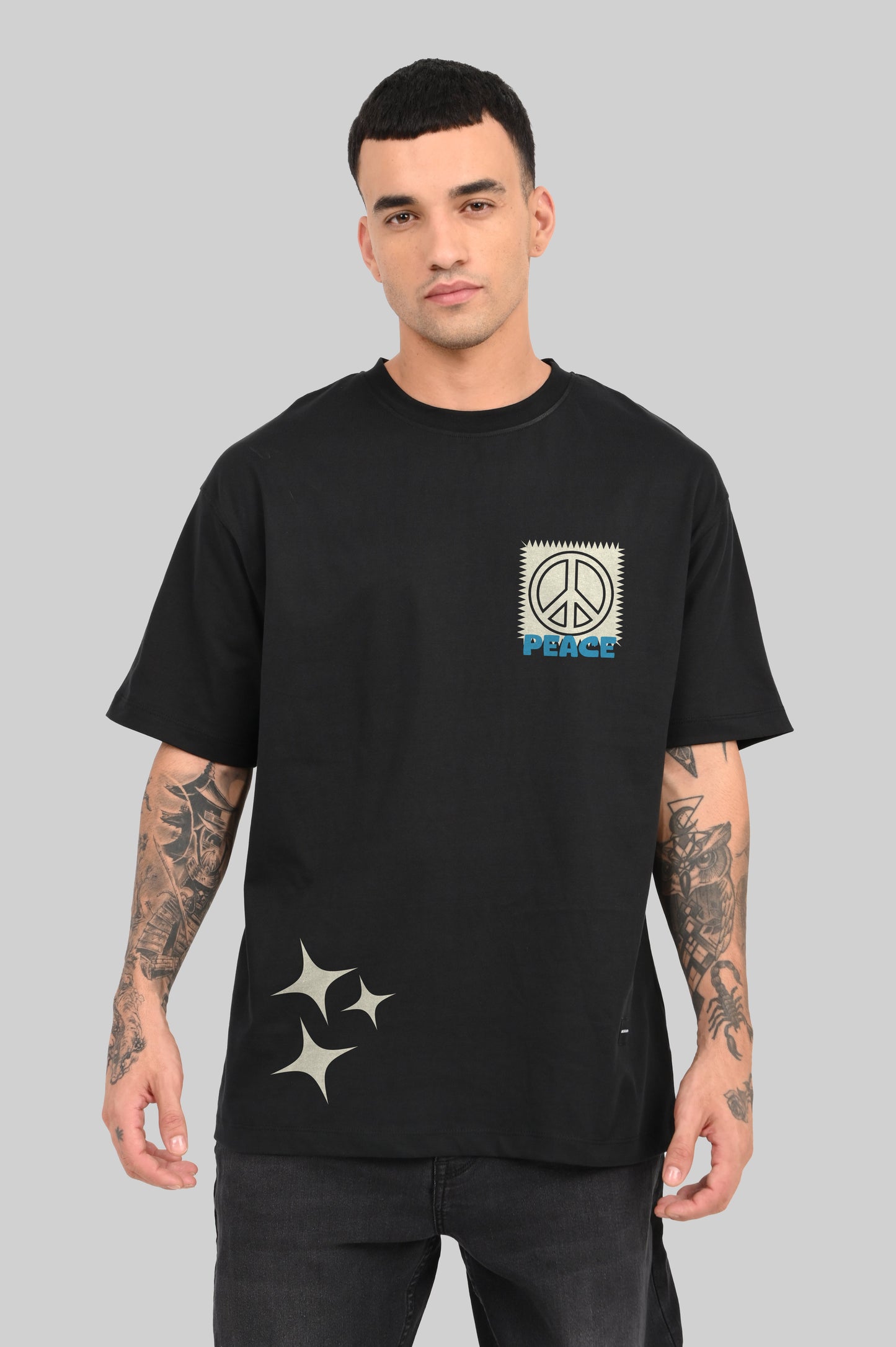Chaotic Harmony Peace Graphic Black Oversized Fit T-Shirt Men