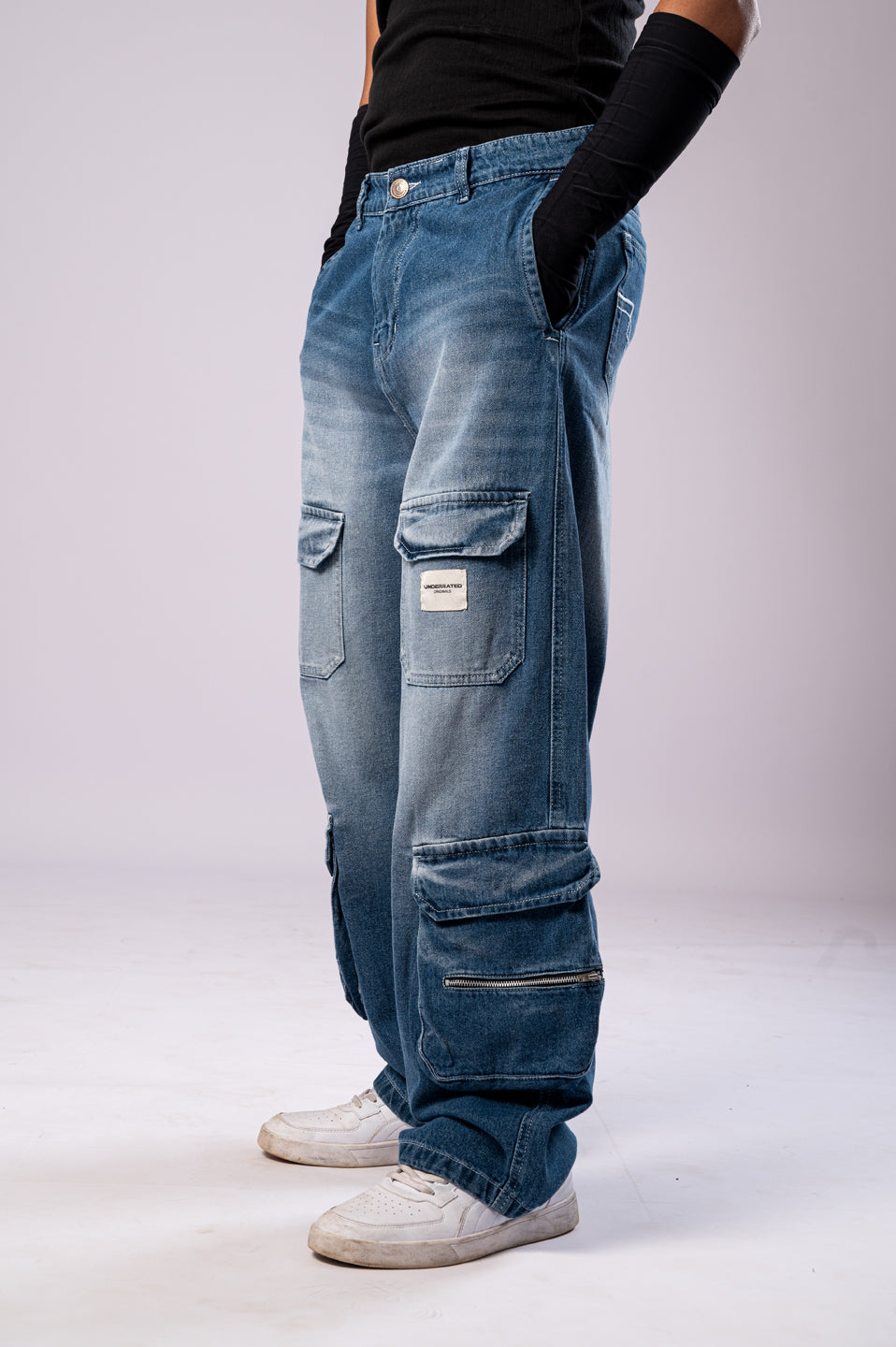 Faded Blue 8-Pocket Baggy Cargo Jeans for Men