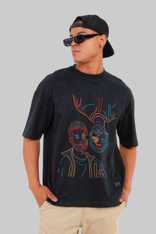 Two Men Line Art Black Baggy Fit T-Shirt Men