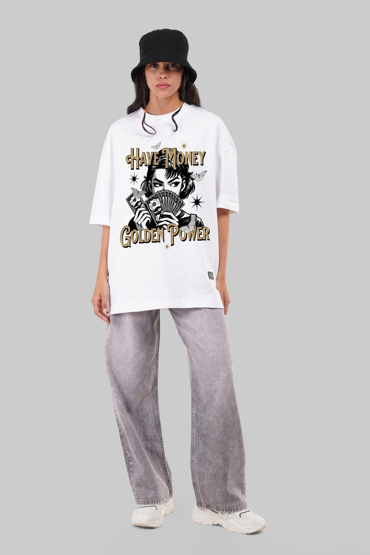 Money Golden Power White Baggy Fit T-Shirt Women