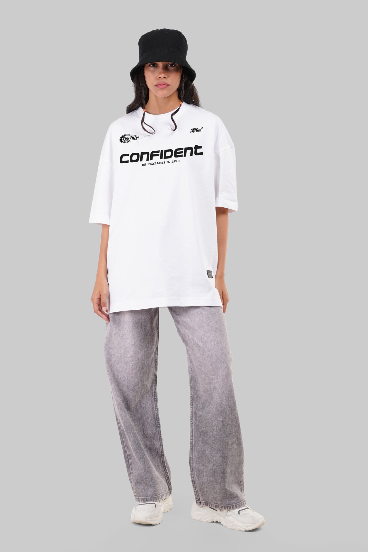 Confident Typographic White Baggy Fit T-Shirt Women