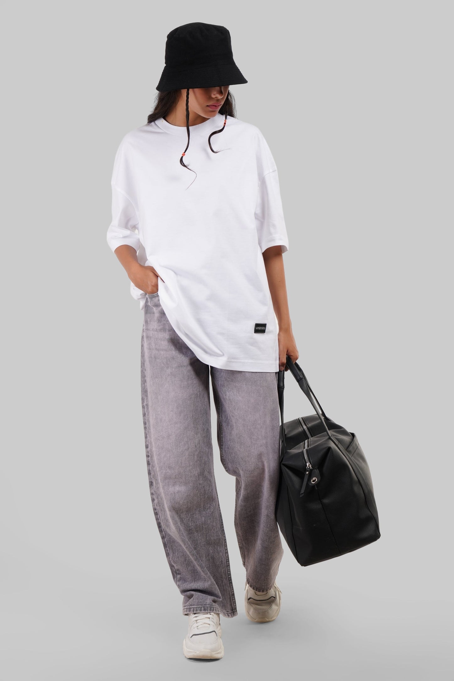 Solid White Half Sleeves T-Shirt For Women Baggy Fit