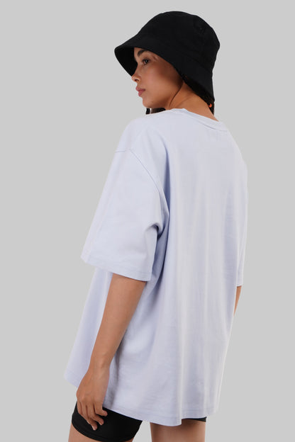 Powder Blue Neck Logo Print Oversized T-Shirt For Women