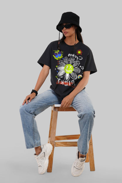 Chalk Flower Black Boyfriend Fit T-Shirt Women