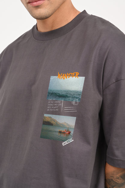 Wander Postcard Dark Grey Baggy Fit T-Shirt Men