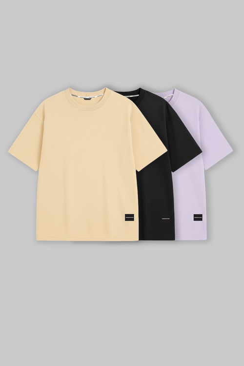 Pack of 3 Oversized Fit T-shirts - Beige/Black/Lilac