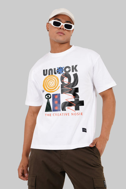 Unlock the Creative Noise Art Print White Oversized Fit T-Shirt Men