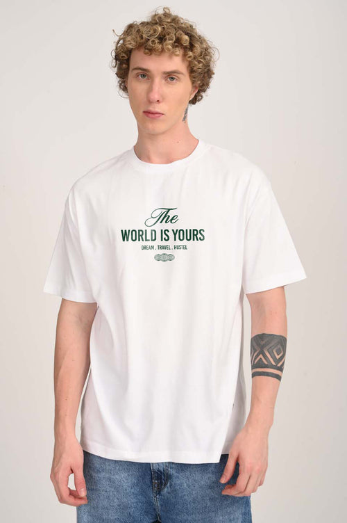 Dream Travel Hustle White Oversized Fit T-Shirt Men