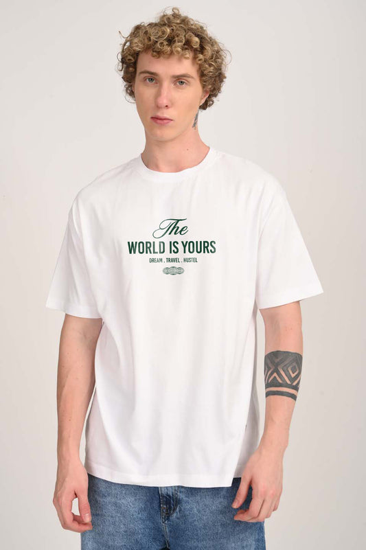 Dream Travel Hustle White Oversized Fit T-Shirt Men