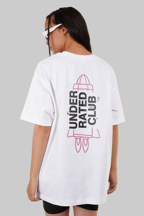 To The Moon Rocket White Oversized Fit T-Shirt Women